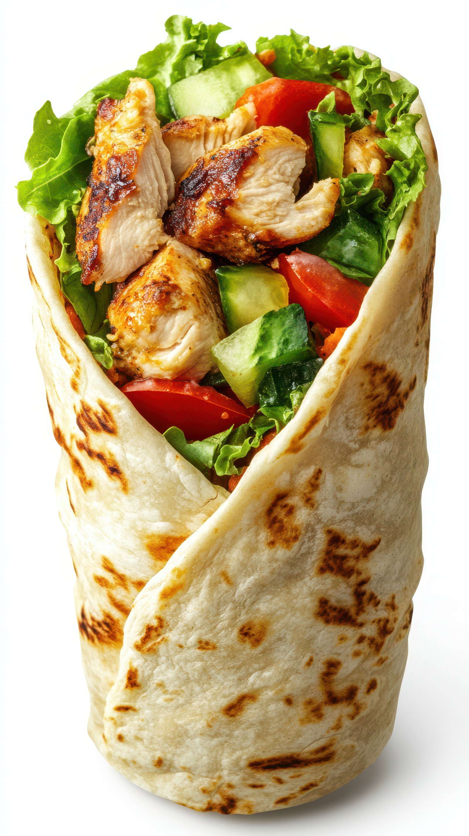Grilled chicken wrap with fresh vegetables wrapped in flatbread ready for enjoyment